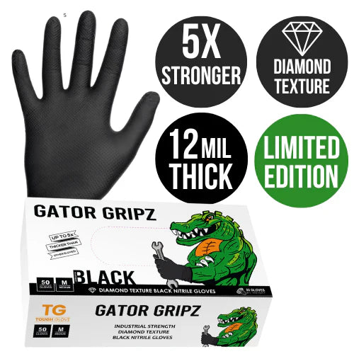 Tough Glove BLACK Gator Gripz Nitrile Gloves (50 Pack, Size Large)